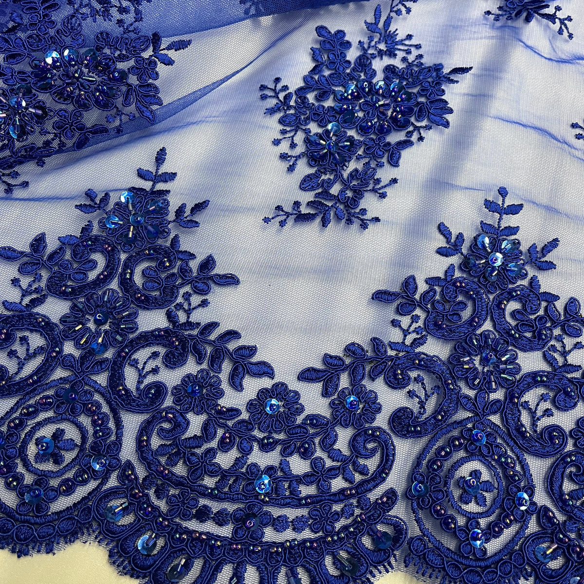 1 Yard Beaded & Corded Embroidered Lace Fabric on 100% Polyester Net Mesh, Elegant Wedding & Evening Material