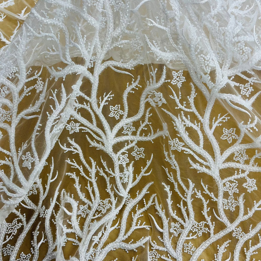 1 Yard Beaded Lace Fabric Embroidered With Fuzzy Thread on Polyester Net Mesh 54 inch Width