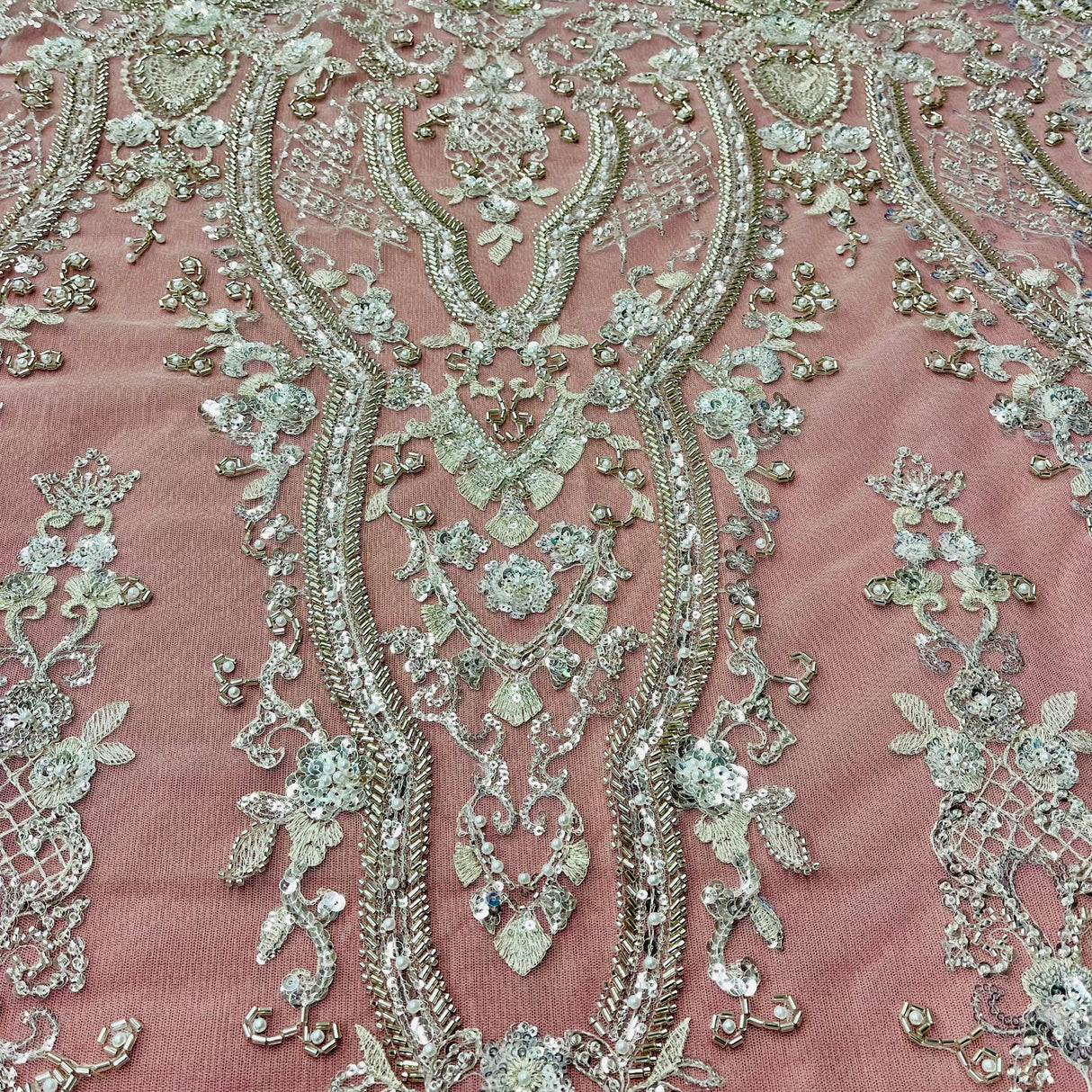 Beaded Lace Fabric on Polyester Net Mesh