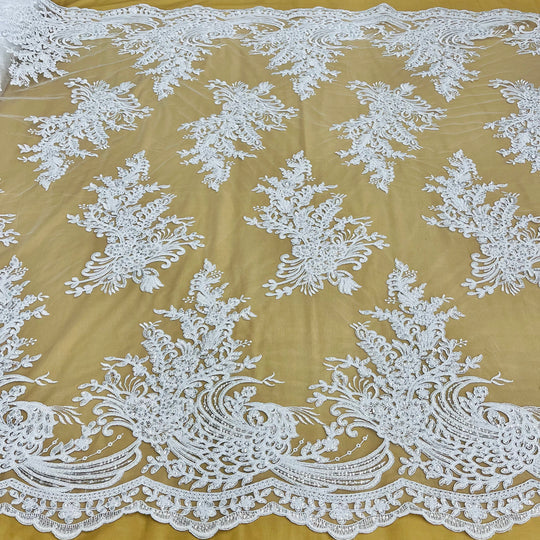 1 Yard Elegant Beaded and Corded Bridal Lace Fabric Embroidered on Polyester Net Mesh