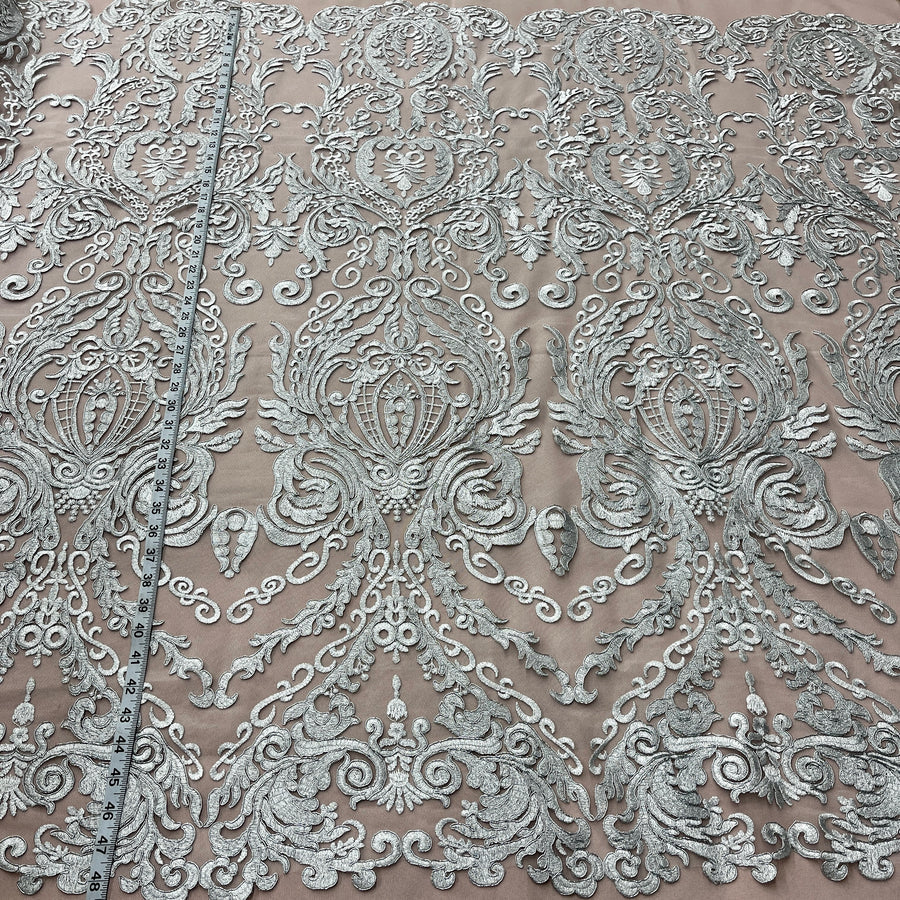 1 Yard Elegant Corded Bridal Lace Fabric Embroidered on 100% Polyester Net Mesh White