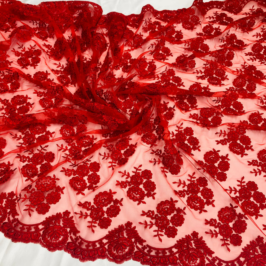 1 Yard - Corded Bridal Lace Fabric Embroidered on 100% Polyester Net Mesh - 50"