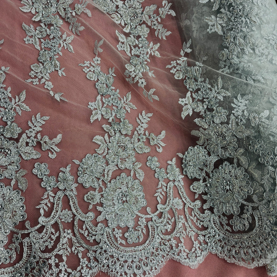 1 Yard Luxury Beaded Corded Bridal Lace Fabric Embroidered White