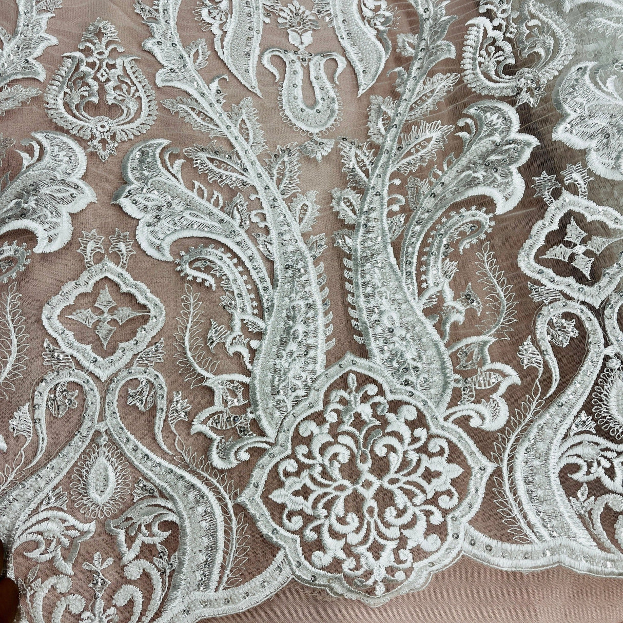 Beaded Lace Fabric on Polyester Net Mesh
