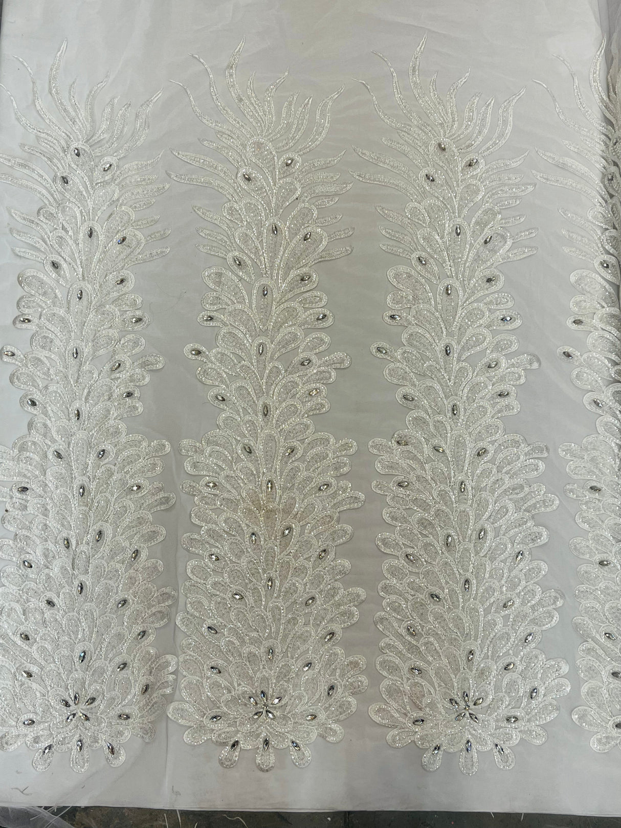 New Vegas Heavy Beaded Feather Design Embroidery Mesh Fabric - Beaded Feather Design, 11" Width, 50" Length (1 Panel)