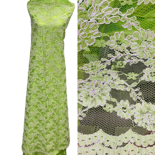 1 Yard Corded Bridal Lace Fabric Embroidered on Polyester Net Mesh 54 inch Width
