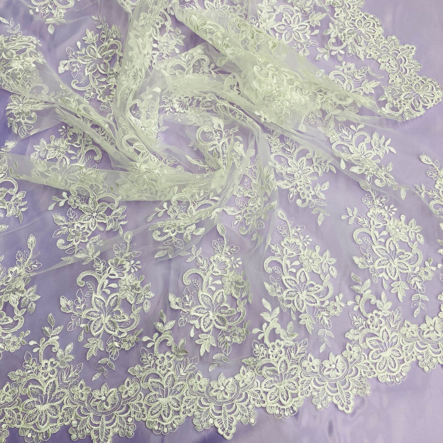 1 Yard Corded Bridal Lace Fabric Embroidered on 100% Polyester Net Mesh – 54"