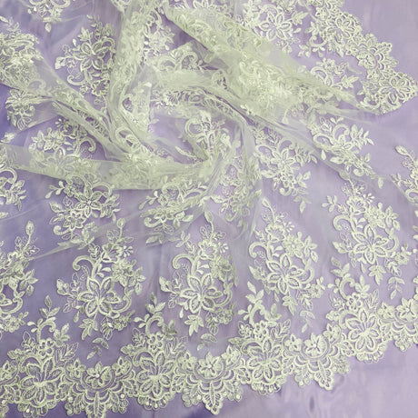 1 Yard Corded Bridal Lace Fabric Embroidered on 100% Polyester Net Mesh – 54"