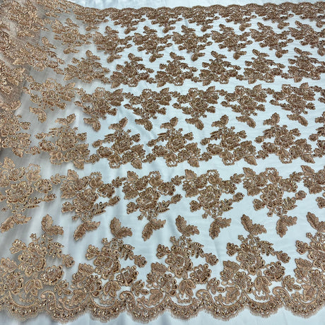 1 Yard Ivory Beaded and Corded Bridal Lace Fabric Embroidered on Polyester Net Mesh 51 Inch Width