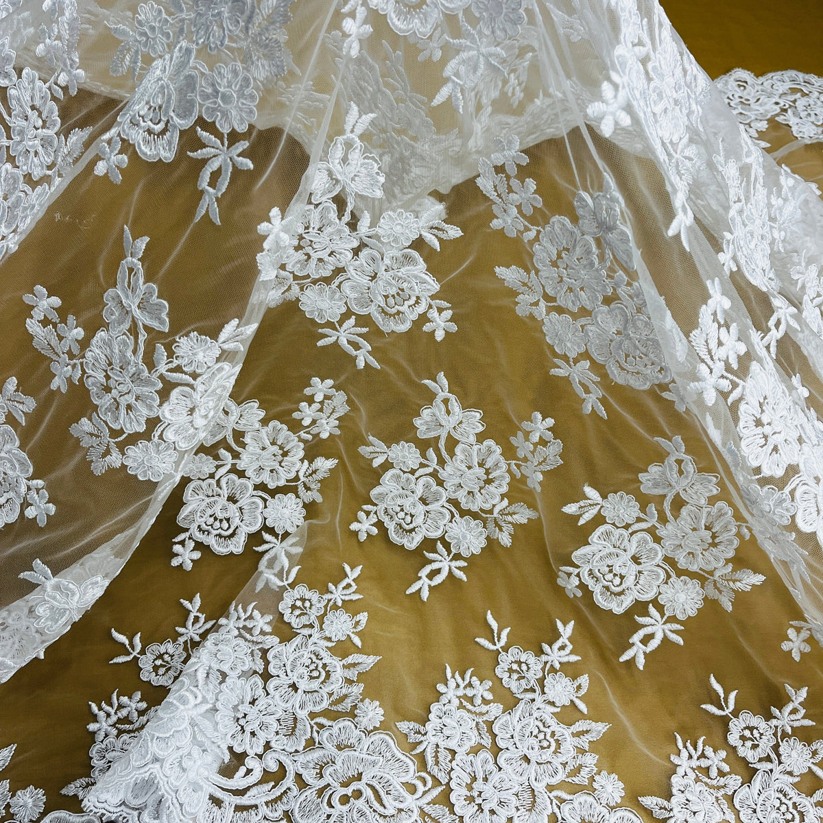 1 Yard Elegant Beaded Corded Lace Trim on Sheer 100% Polyester Organza, Embroidered Floral Design