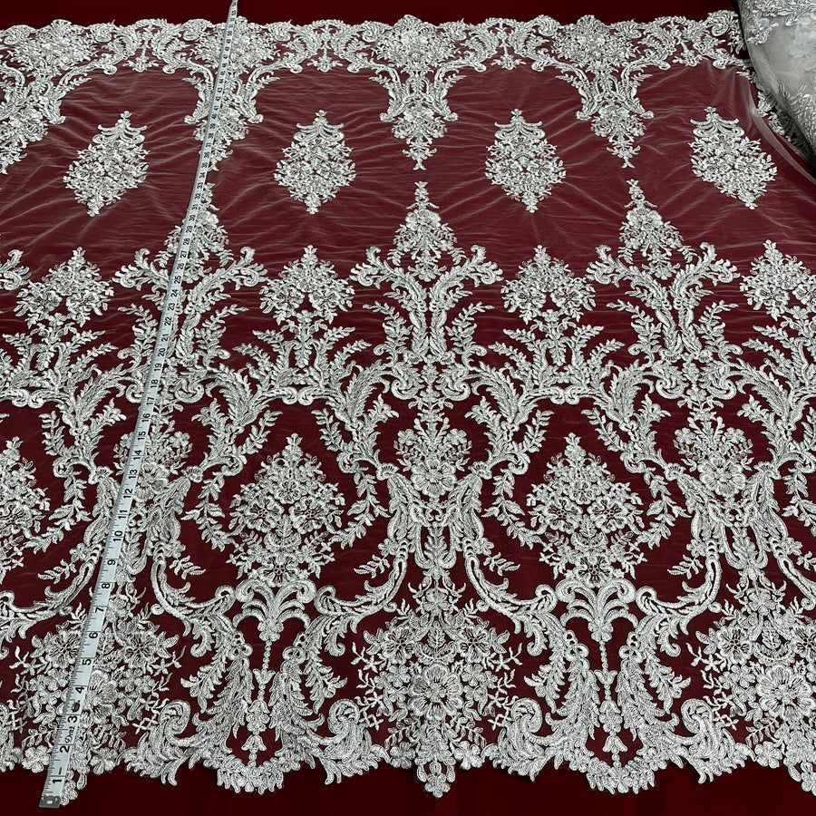 1 Yard Corded Bridal Lace Fabric Embroidered on Polyester Net Mesh