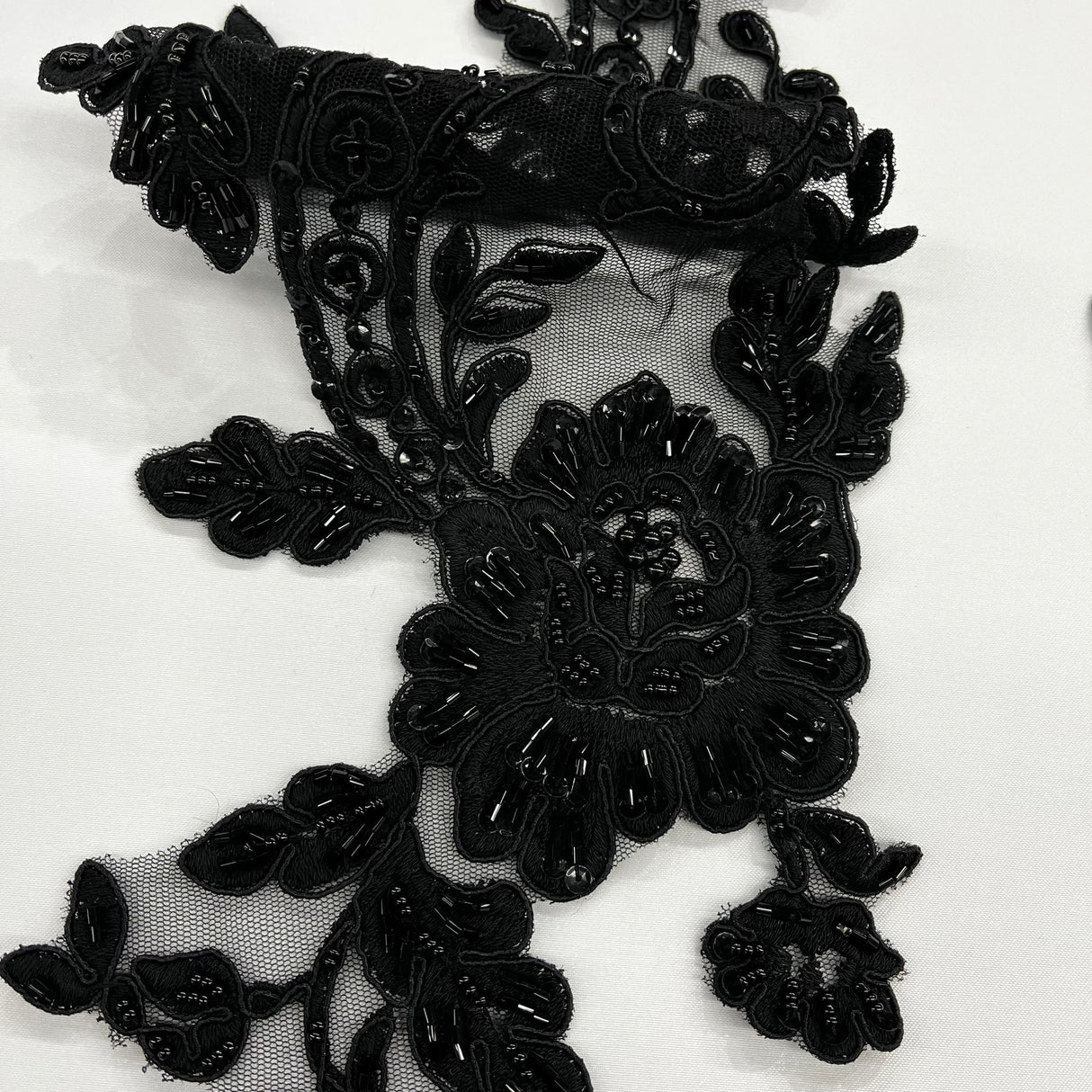 1 Pair 20" x 5.5" Beaded & Corded Floral Lace Applique on 100% Polyester Mesh