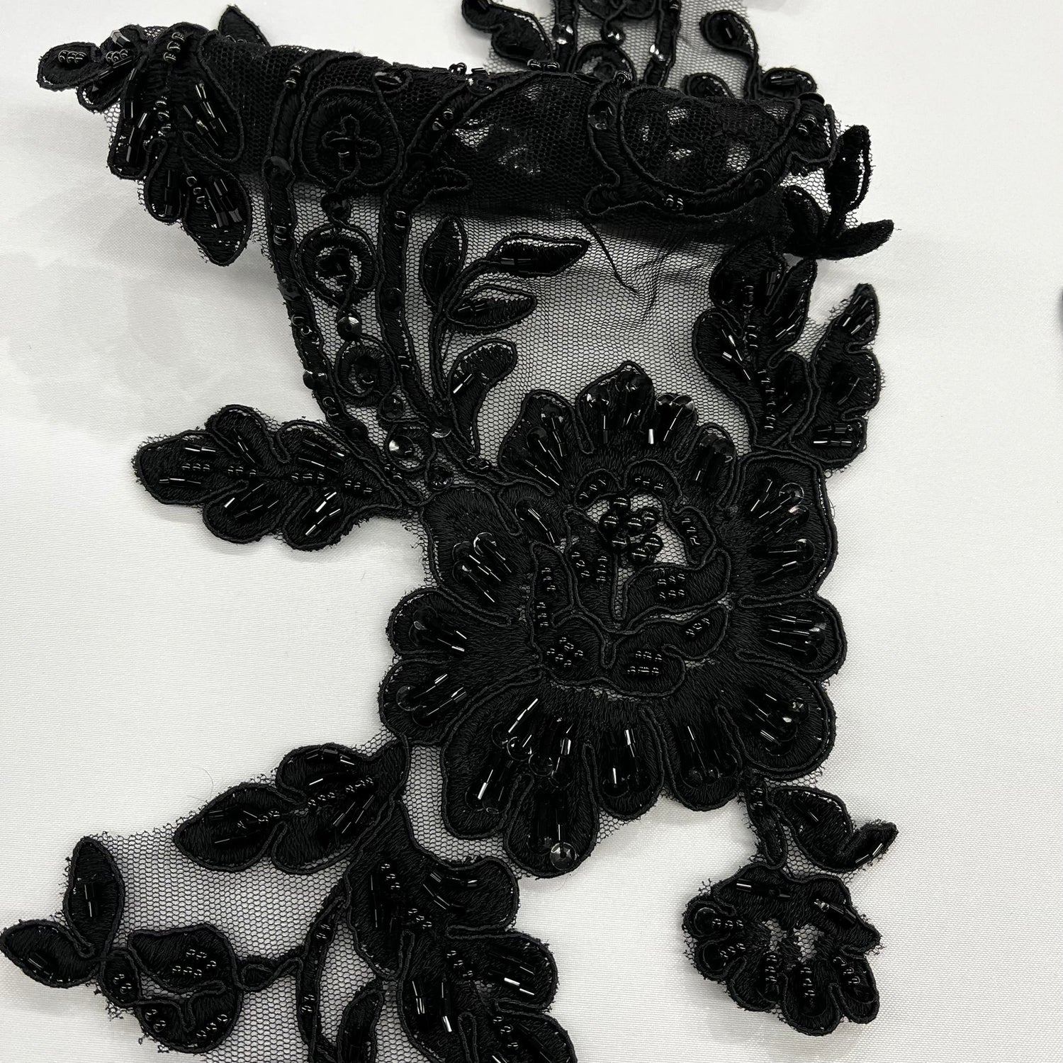 1 Pair 20" x 5.5" Beaded & Corded Floral Lace Applique on 100% Polyester Mesh