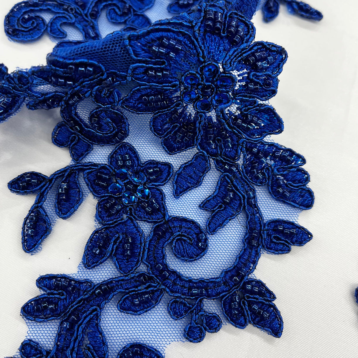 Beaded Corded Floral Lace Applique on Polyester Net Mesh