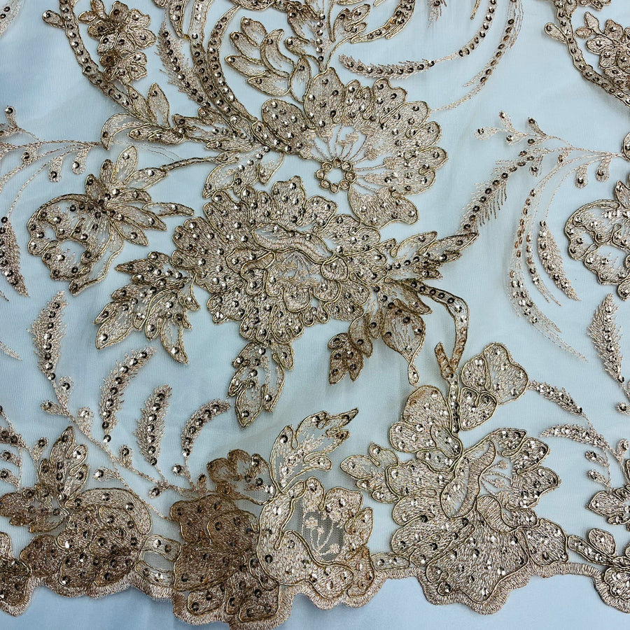 1 Yard - Corded & Sequined Bridal Lace Fabric Embroidered on 100% Polyester Net Mesh - 54"