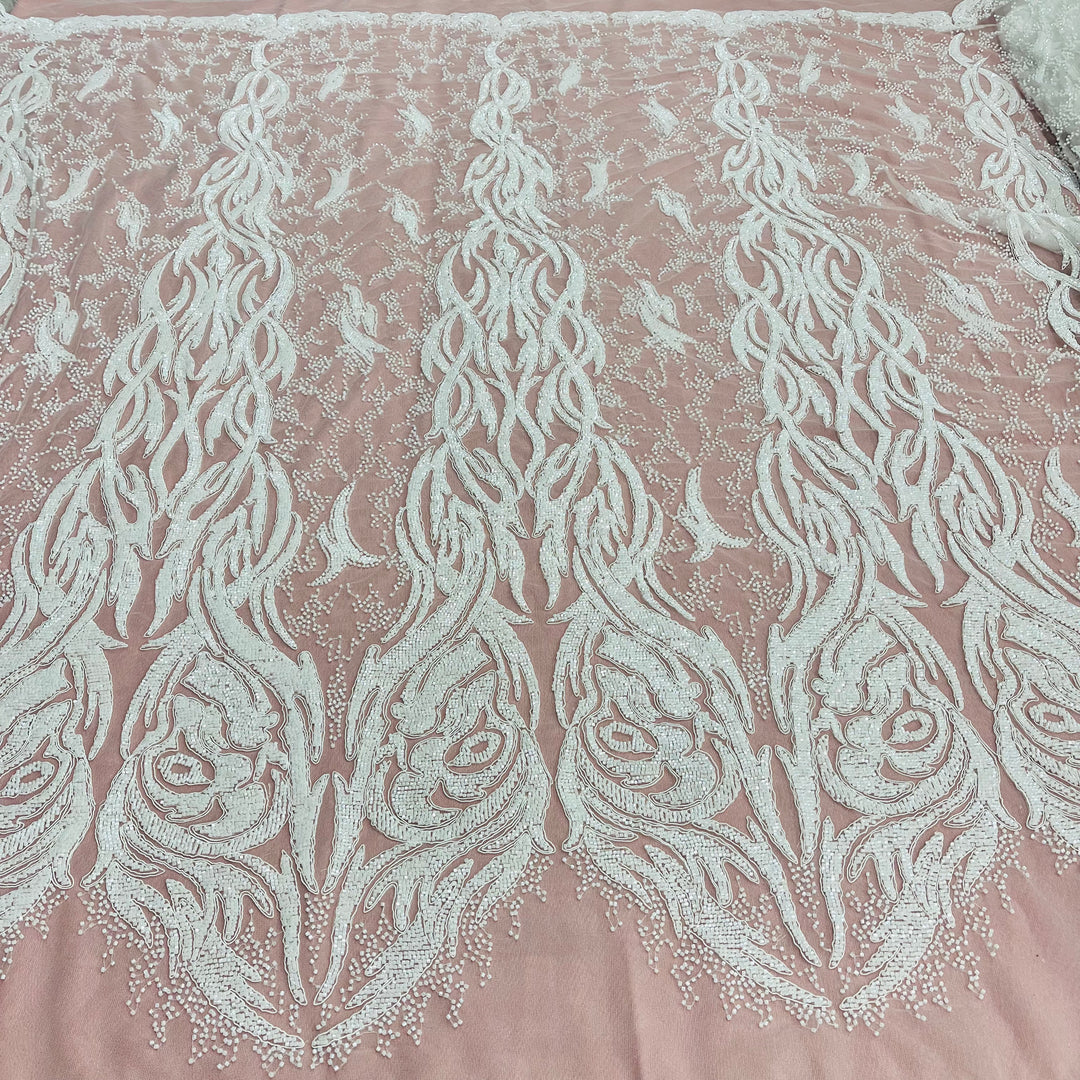 1 Yard Beaded & Corded Bridal Lace Fabric Embroidered on 100% Polyester Net Mesh
