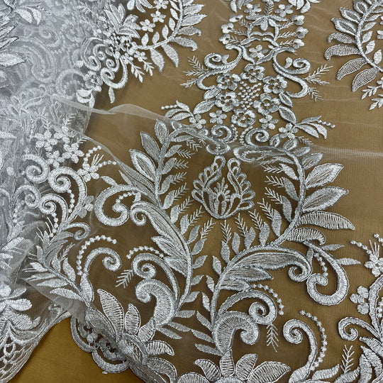 1 Yard Corded Bridal Lace Fabric Embroidered on Polyester Net Mesh 52 inch Width