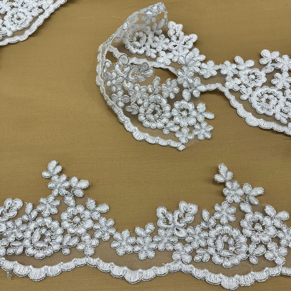 1 Yard Elegant Corded Lace Trimming with Embroidered Design on 100% Polyester Net Mesh