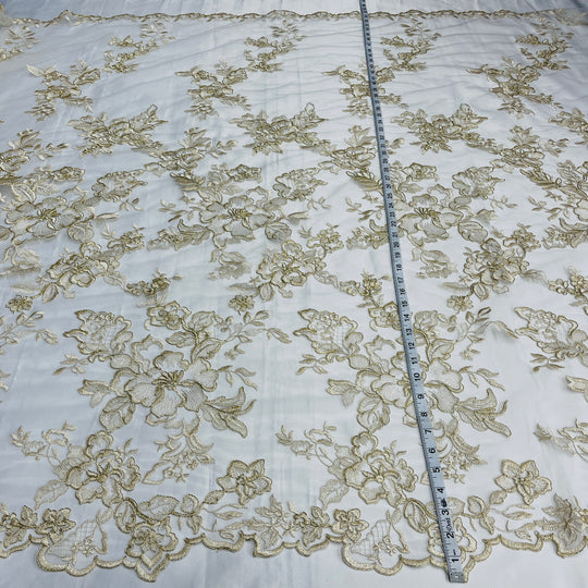 1 Yard Corded Bridal Lace Fabric Embroidered on Polyester Net Mesh 53 inch Width