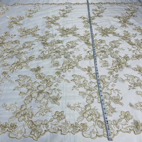 1 Yard Corded Bridal Lace Fabric Embroidered on Polyester Net Mesh 53 inch Width