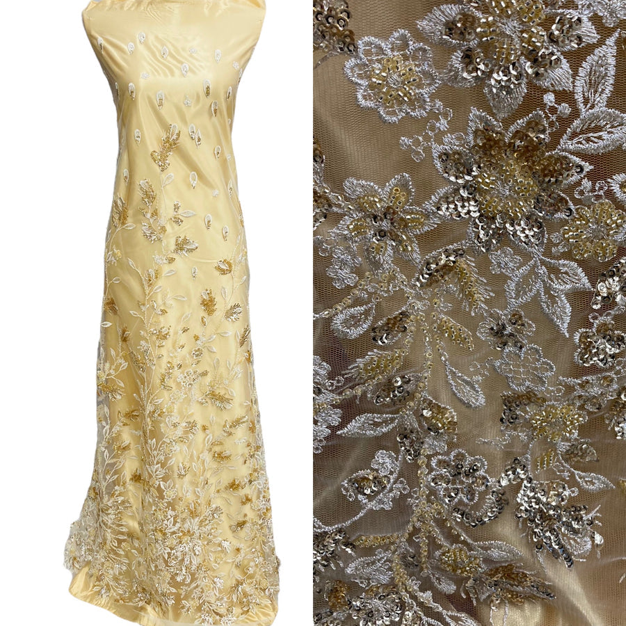 1 Yard Ivory Beaded and Sequined Lace Fabric Embroidered on 100 Percent Polyester Net Mesh 54 Inch Width