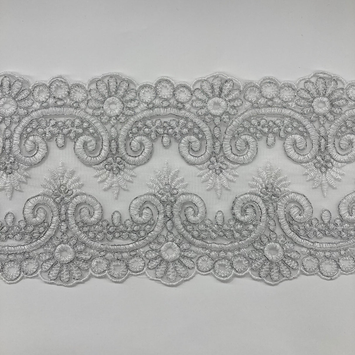 Corded Double Sided Lace Trimming Polyester Fabric - Embroidered Net Mesh, 6.5" Width (1 Yard)