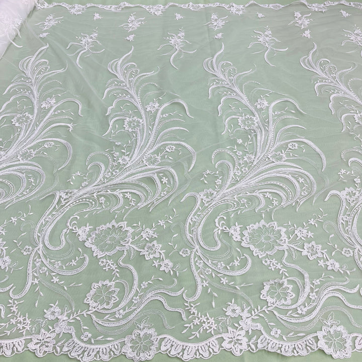 1 Yard Exquisite Corded Embroidered Bridal Lace Fabric for Special Occasion White