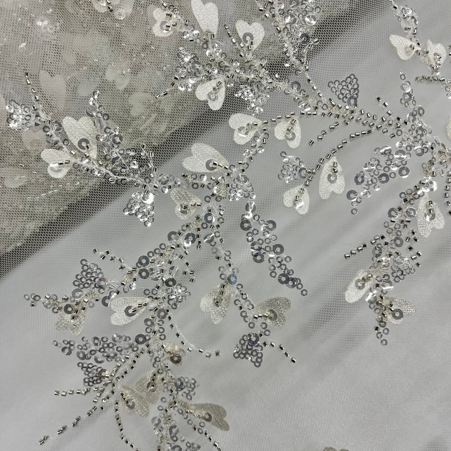 1 Yard Ivory with Silver Beaded 3D Floral Lace Fabric Embroidered on Polyester Net Mesh 54 Inch Width