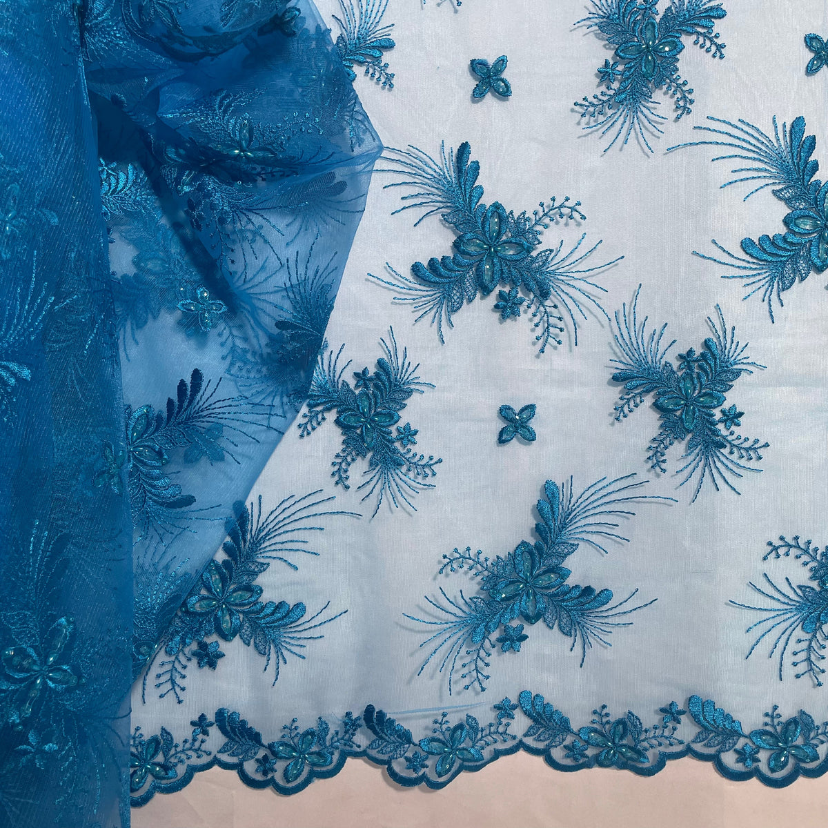 1 Yard Beaded Lace Fabric Embroidered on 100% Polyester Net Mesh, Elegant Sheer Textile for Garments