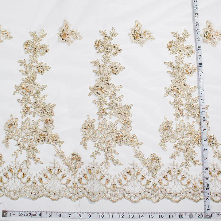 1 Yard Beaded Corded Bridal Lace Fabric Embroidered on Polyester Net White