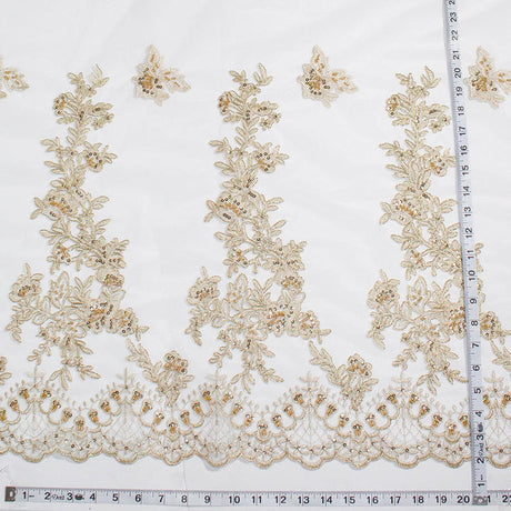 1 Yard Beaded Corded Bridal Lace Fabric Embroidered on Polyester Net White
