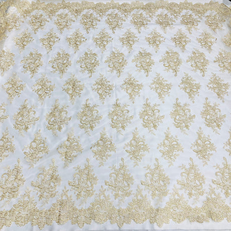 1 Yard Corded Bridal Lace Fabric Embroidered on 100% Polyester Net Mesh White