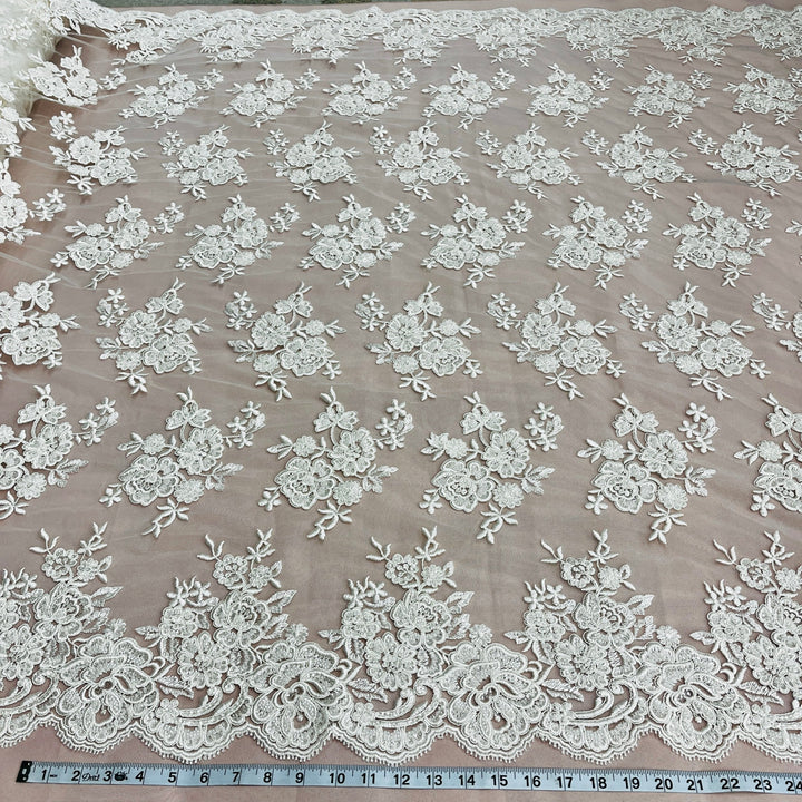 1 Yard Stunning Beaded and Corded Bridal Lace Fabric Embroidered on 100% Polyester Net Mesh White