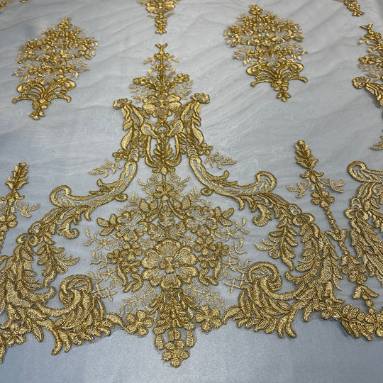 1 Yard Elegant Corded Bridal Lace Fabric Embroidered on Polyester Net Mesh