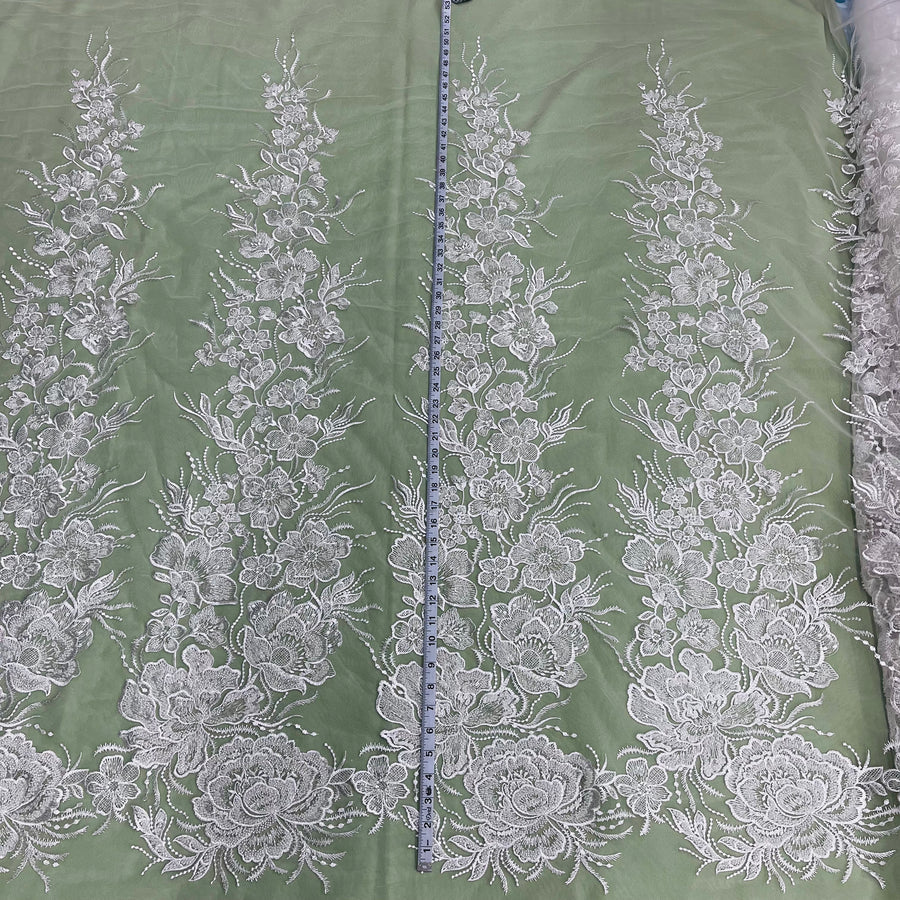1 Yard Ivory Beaded Lace Fabric Embroidered on 100 Percent Polyester Net Mesh 52 Inch Width
