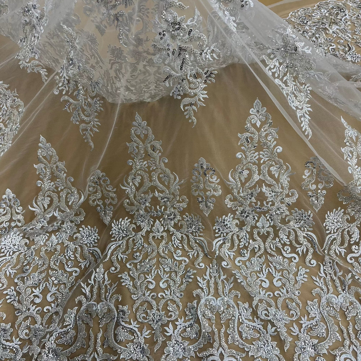 Beaded Sequined Lace Fabric Ivory