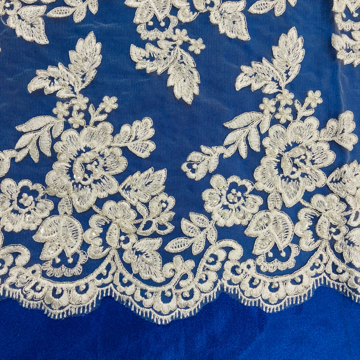 1 Yard Elegant Beaded and Corded Bridal Lace Fabric Embroidered on 100% Polyester Net Mesh White