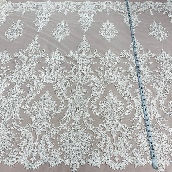 1 Yard Exquisite Bridal Lace Fabric Embroidered on 100% Polyester Net Mesh White