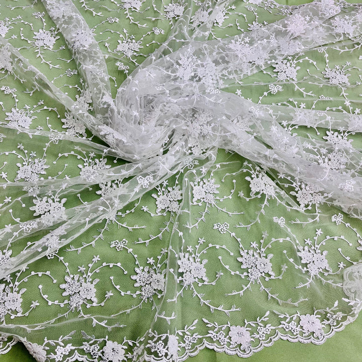1 Yard Elegant Beaded and Corded Bridal Lace Fabric Embroidered on 100% Polyester Net Mesh White