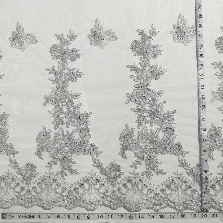 1 Yard Beaded Corded Bridal Lace Fabric Embroidered on Polyester Net White