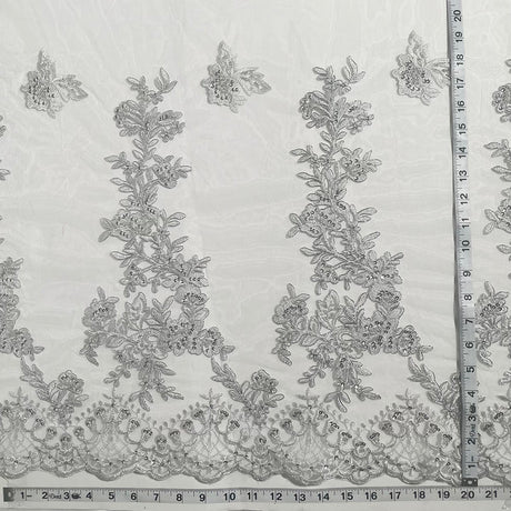 1 Yard Beaded Corded Bridal Lace Fabric Embroidered on Polyester Net White