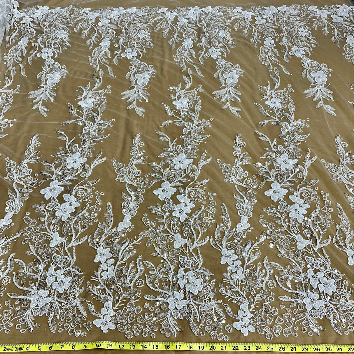 Beaded Lace Fabric Embroidered On 100 Percent Polyester Net Mesh - White, Ivory, Antique Silver, 54" Width (1 Yard)