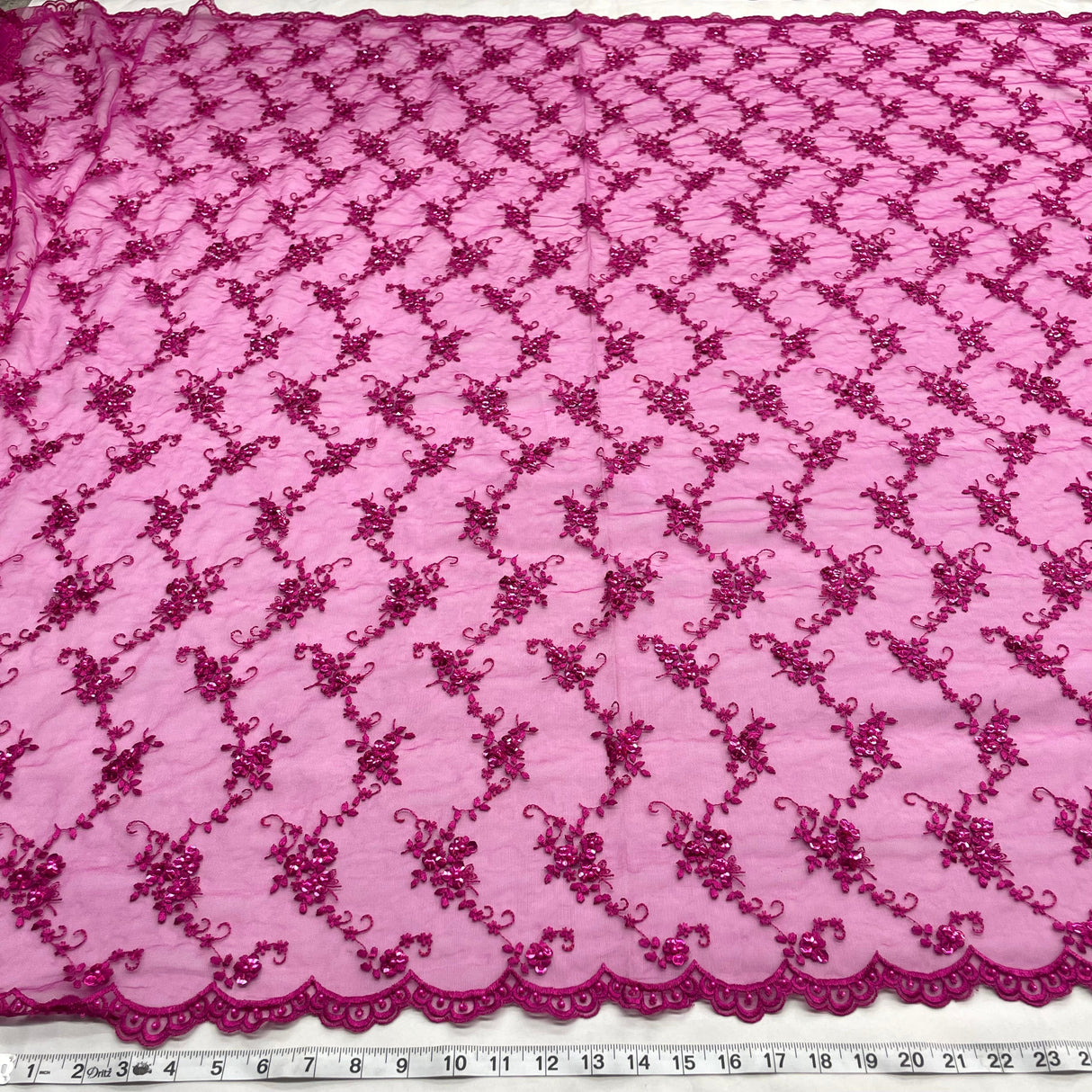 Beaded Lace Fabric Embroidered On 100 Percent Polyester Net Mesh - Purple, Lime Green, Black, Fuchsia, Red, 52" Width (1 Yard)