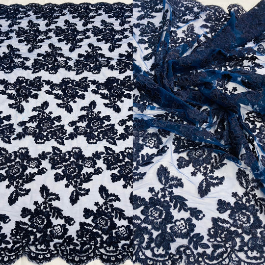 1 Yard Corded Bridal Lace Fabric Embroidered on 100% Polyester Net Mesh – 51"