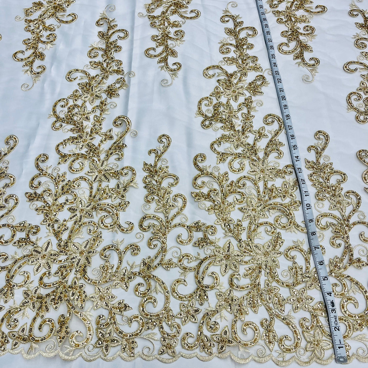 1 Yard Beaded Corded Bridal Lace Fabric, Embroidered on 100% Polyester Net Mesh