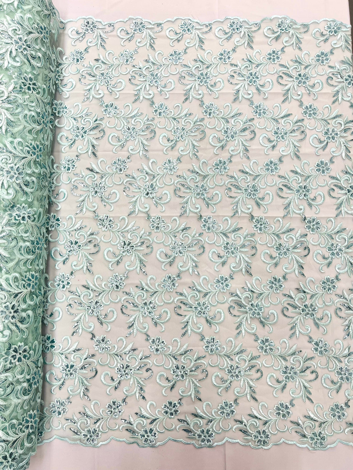 Estrella Corded Flowers Embroider With Sequins Mesh Lace Fabric - Floral Embroidered, Double Scallop, 50-54" Width, 36" Length (1 Yard)