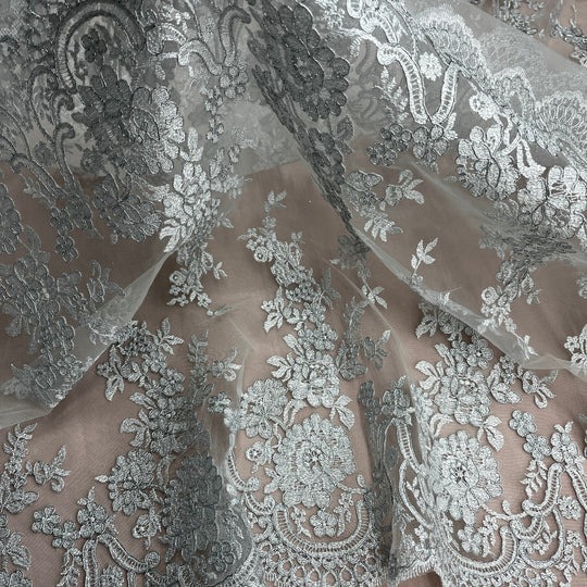 1 Yard Silver Corded Bridal Lace Fabric Embroidered on Polyester Net Mesh Elegant Floral 50 Inch Width