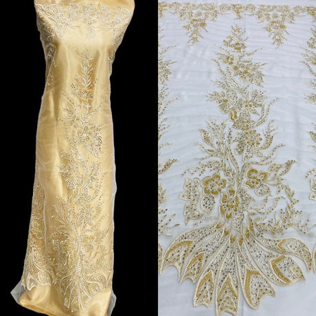 1 Yard Elegant Beaded and Sequined Lace Fabric Embroidered on 100% Polyester Net Mesh White