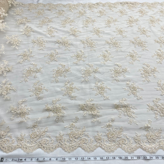 1 Yard Beaded and Corded Bridal Fabric Lace Embroidered on Polyester Net Mesh 54 inch Width