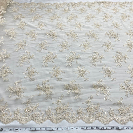 1 Yard Beaded and Corded Bridal Fabric Lace Embroidered on Polyester Net Mesh 54 inch Width
